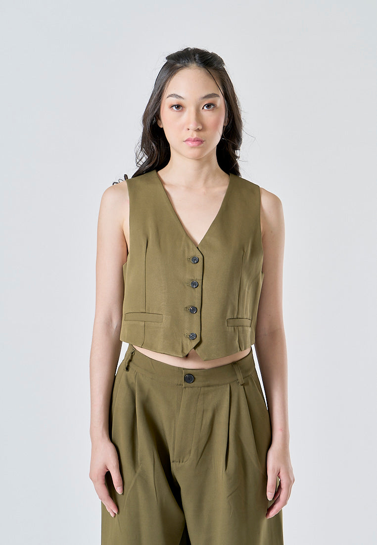 Zayne Olive Green Single Breasted V Neck Casual Waistcoat Vest Love Ara