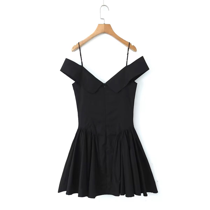 Aerwyna Black V Neck Off Shoulder with Thin Strap Zipper Back Pleated Mini Dress