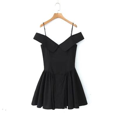 Aerwyna Black V Neck Off Shoulder with Thin Strap Zipper Back Pleated Mini Dress