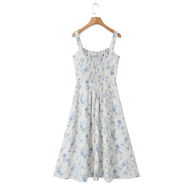 Alonna White Blue Floral Ruched Bust Sleeveless Smocked Zipper Back Midi Dress