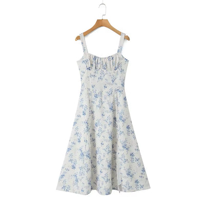 Alonna White Blue Floral Ruched Bust Sleeveless Smocked Zipper Back Midi Dress