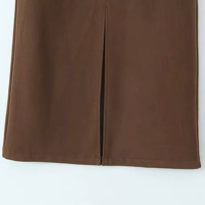 Anisette Almond Brown Zipper Fly Front Slit Casual Midi Skirt