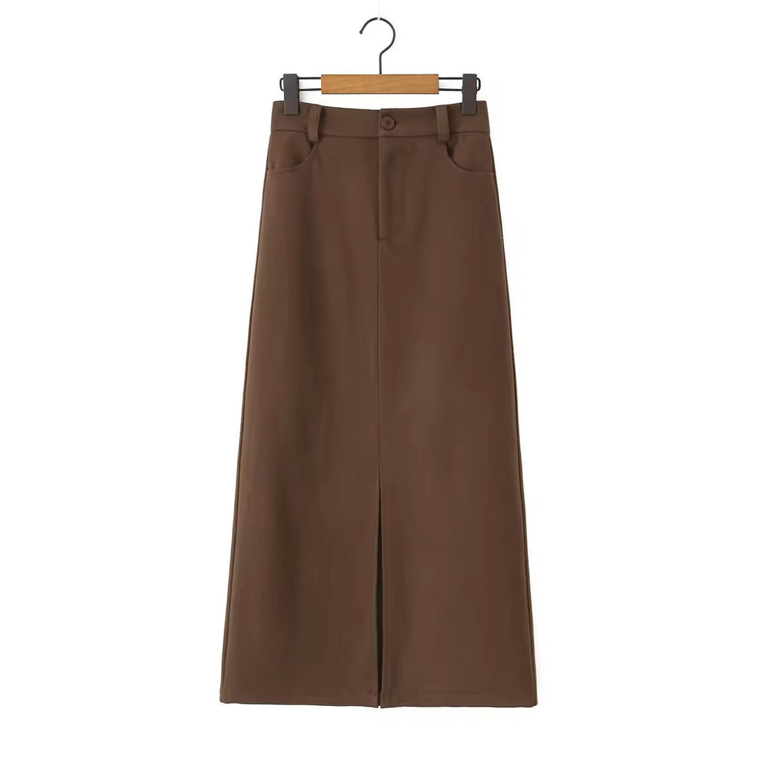 Anisette Almond Brown Zipper Fly Front Slit Casual Midi Skirt Love Ara