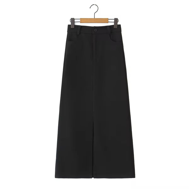 (PRE-ORDER: ETA August 5,2024)Anisette Black Zipper Fly Front Slit Casual Midi Skirt