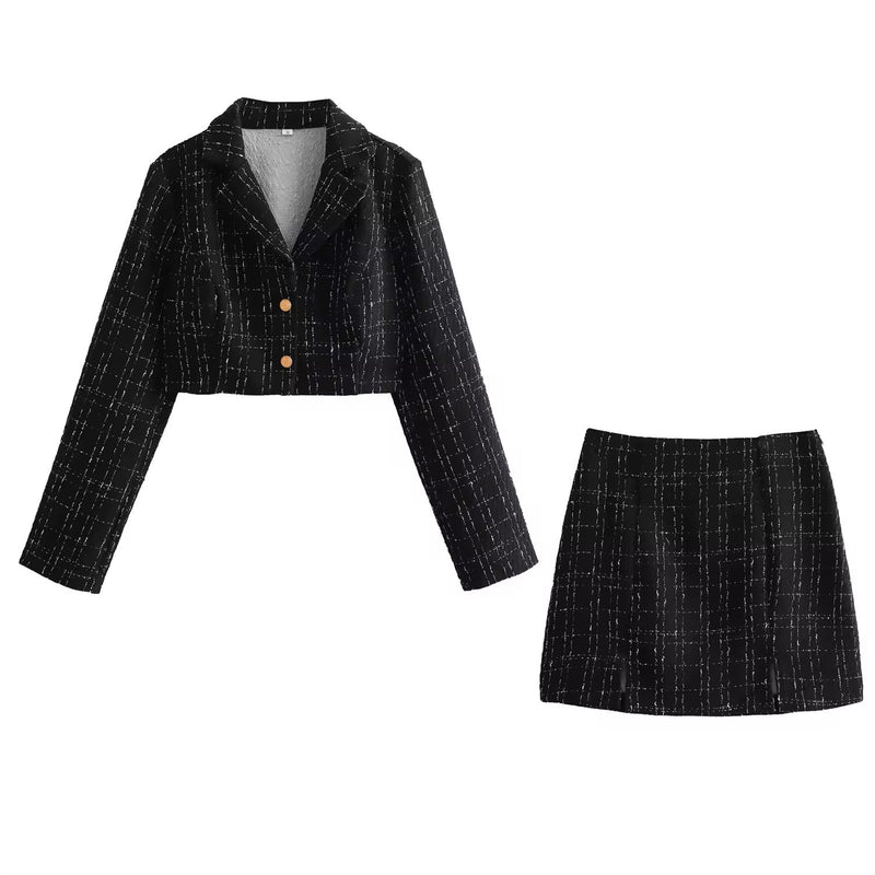 Astraea Black Tweed Notched Collar Long Sleeve Cropped Blazer and Side Zipper Casual Mini Skirt Set