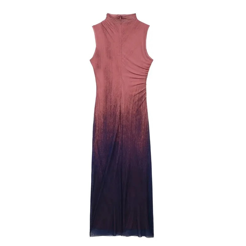 Asvoria Dual Color Sleeveless Mock Neck Ruched Sheath Maxi Dress