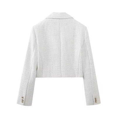 Ava White Tweed Notched Collar Double Breasted Long Sleeves Cropped Blazer