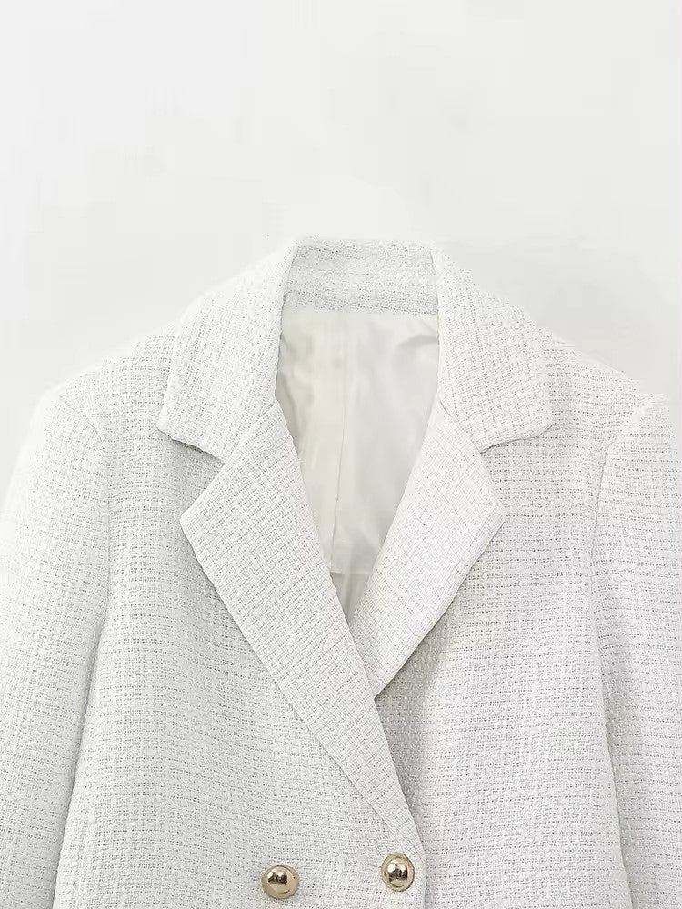 Ava White Tweed Notched Collar Double Breasted Long Sleeves Cropped Blazer