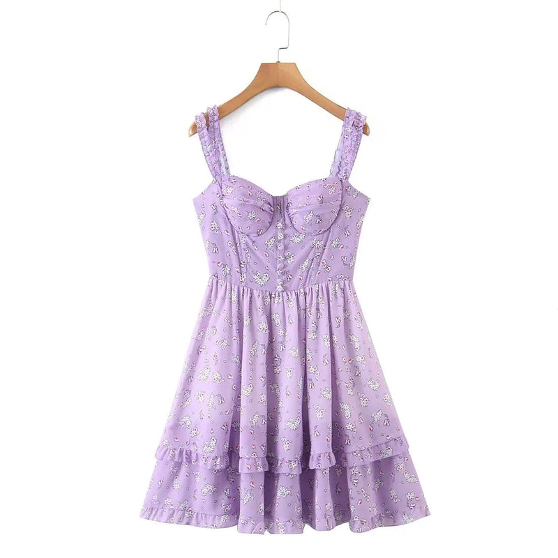 Breeze Lavander Floral Print Double Pleated Mini Dress