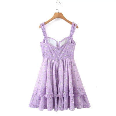 Breeze Lavander Floral Print Double Pleated Mini Dress