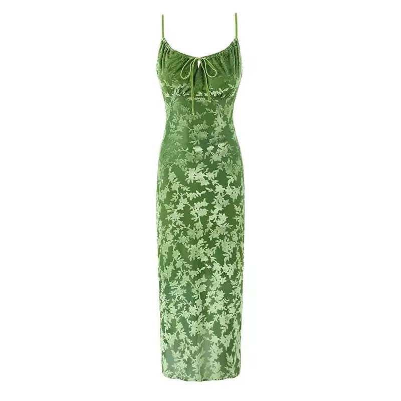 Thyme Green Velvet Floral Pattern Back Slit Midi Dress