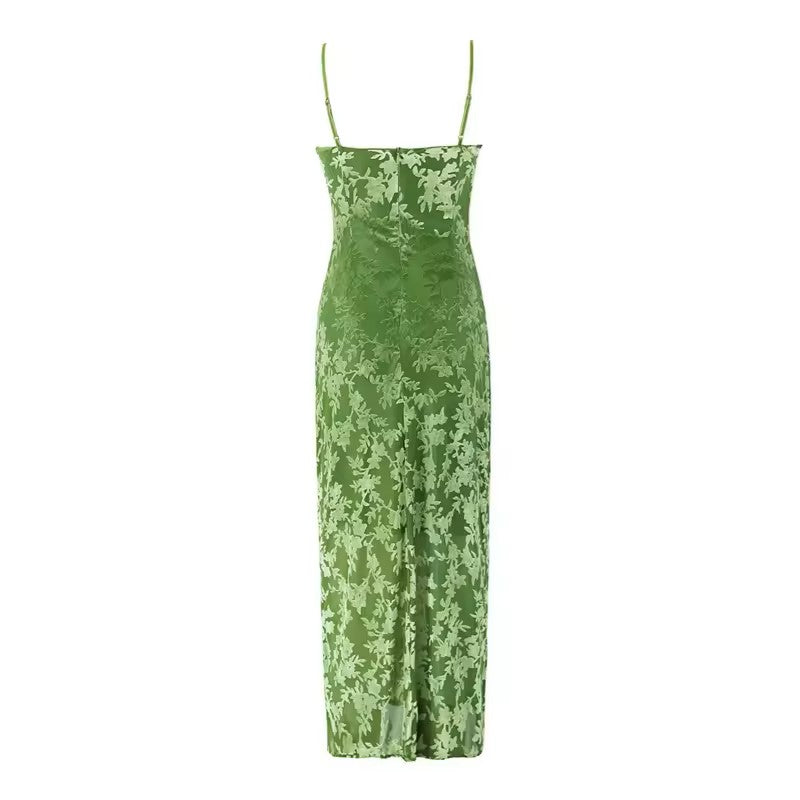 Thyme Green Velvet Floral Pattern Back Slit Midi Dress