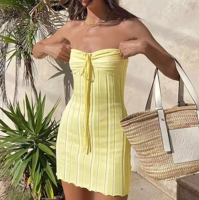 Gazella Pastel Yellow Ruched Bustier Knitted Mini Dress