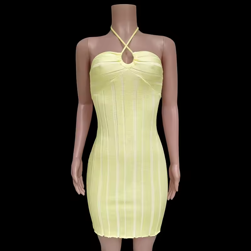 Gazella Pastel Yellow Ruched Bustier Knitted Mini Dress