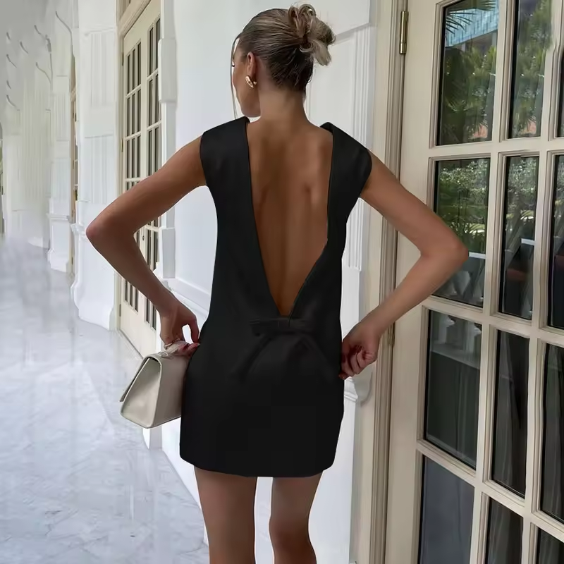 Fennel Black Satin Bow Back Hollow Out Mini Dress