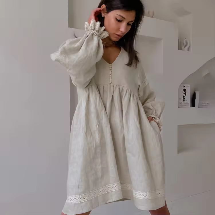 Avenell Beige V Neck Lantern Sleeve Lace Trimming Linen Mini Dress