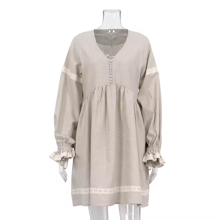 Avenell Beige V Neck Lantern Sleeve Lace Trimming Linen Mini Dress