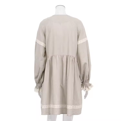 Avenell Beige V Neck Lantern Sleeve Lace Trimming Linen Mini Dress