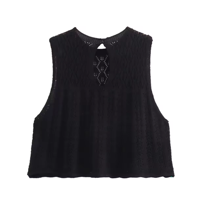 Guerlain Black Crew Neck Sleeveless Eyelet Knitted Top