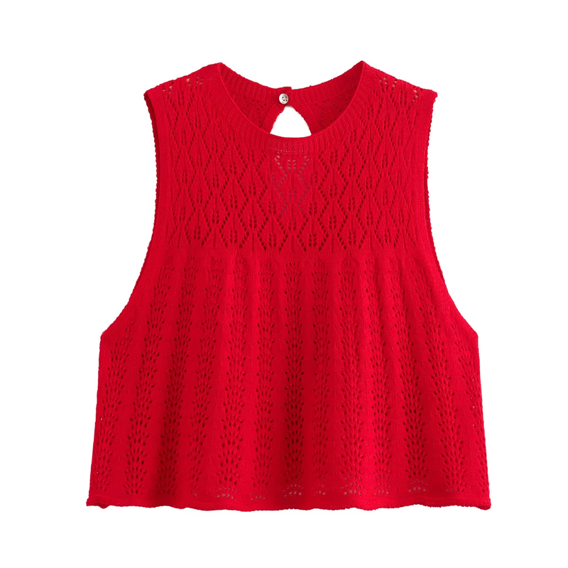 Guerlain Cherry Red Crew Neck Sleeveless Eyelet Knitted Top