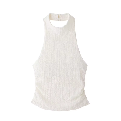 Saskia White Textured Gathered Open Back Halter Neck Tank Top