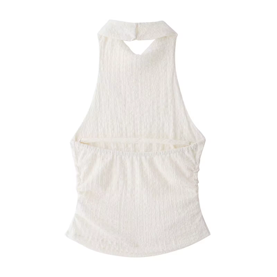 Saskia White Textured Gathered Open Back Halter Neck Tank Top