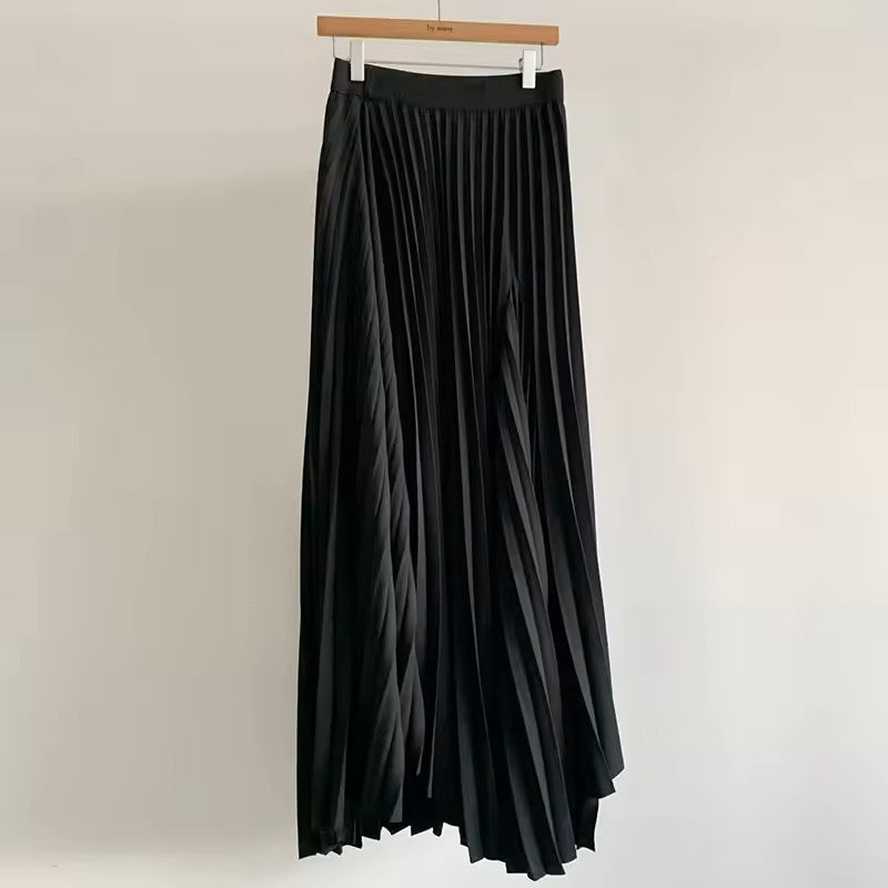 Sylvia Black Pleated Elastic Waist A-Line Midi Skirt