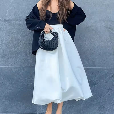 Evelora White Pleated Chiffon Midi Skirt