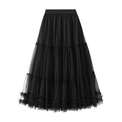 Ravenna Black Mesh High Waist Raffles Maxi Skirt