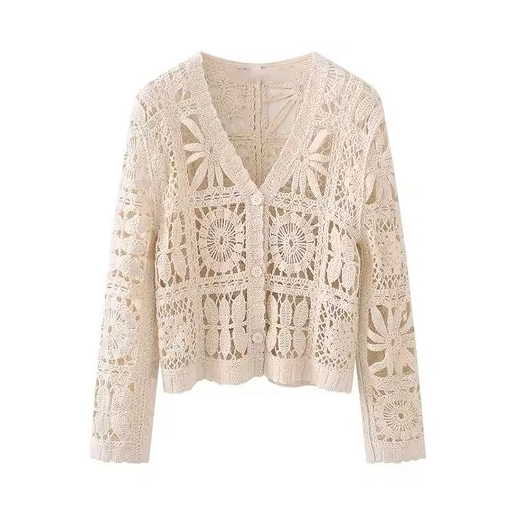 Anara Beige  Crochet Hollow Knitted Cardigan Sweater Top