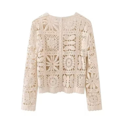 Anara Beige  Crochet Hollow Knitted Cardigan Sweater Top