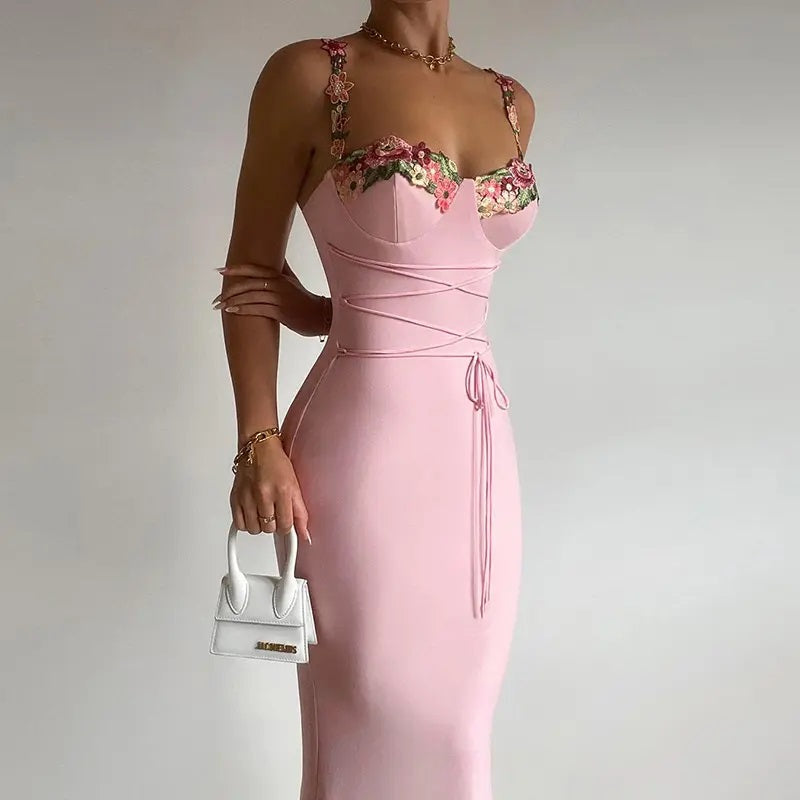 Prescilla Rosie Pink Floral Embroided Sleeveless Maxi Dress