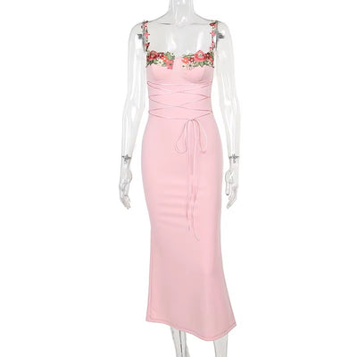 Prescilla Rosie Pink Floral Embroided Sleeveless Maxi Dress