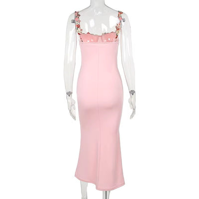 Prescilla Rosie Pink Floral Embroided Sleeveless Maxi Dress