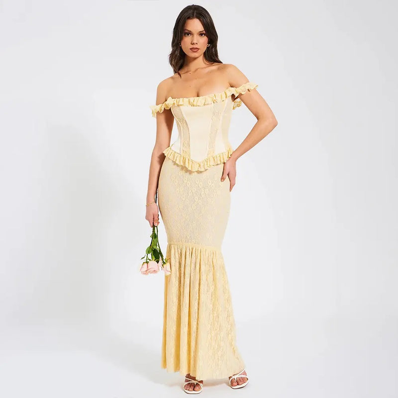 Ambretta Parmesean Yellow Floral Lace Corset Drop Shoulder Maxi Dress