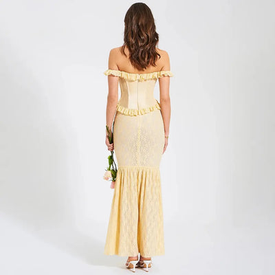 Ambretta Parmesean Yellow Floral Lace Corset Drop Shoulder Maxi Dress