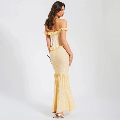 Ambretta Parmesean Yellow Floral Lace Corset Drop Shoulder Maxi Dress