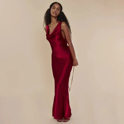 Cheliviss Burgandy Red Cowl Neck Back Hollow Out Maxi Dress