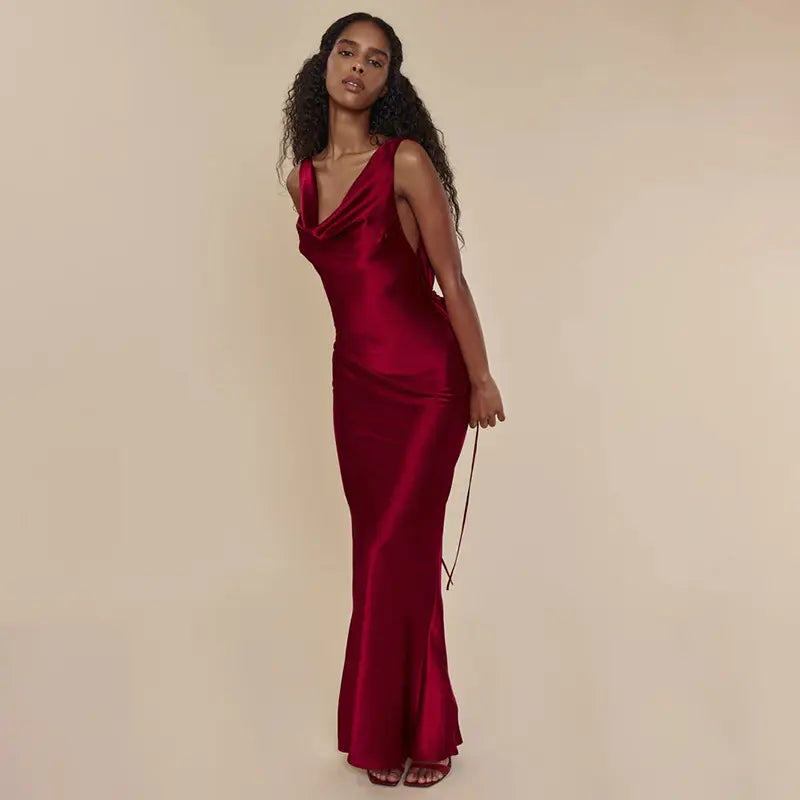 Cheliviss Burgandy Red Cowl Neck Back Hollow Out Maxi Dress