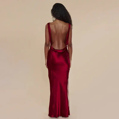 Cheliviss Burgandy Red Cowl Neck Back Hollow Out Maxi Dress