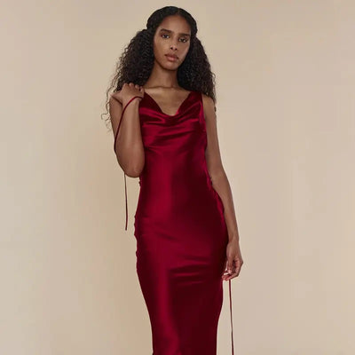 Cheliviss Burgandy Red Cowl Neck Back Hollow Out Maxi Dress