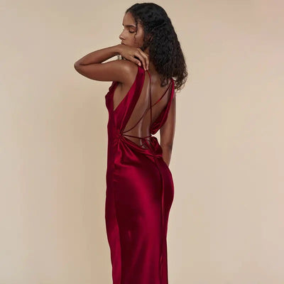 Cheliviss Burgandy Red Cowl Neck Back Hollow Out Maxi Dress