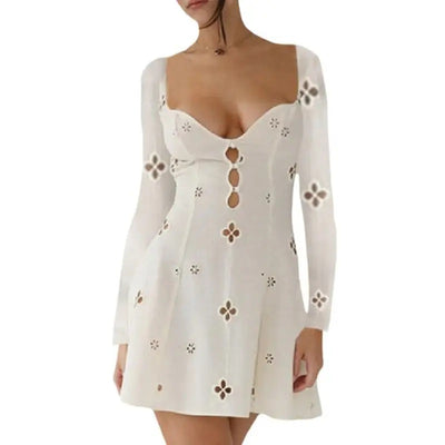 Verygil White V Neck  See Through Long Sleeves Mini Dress