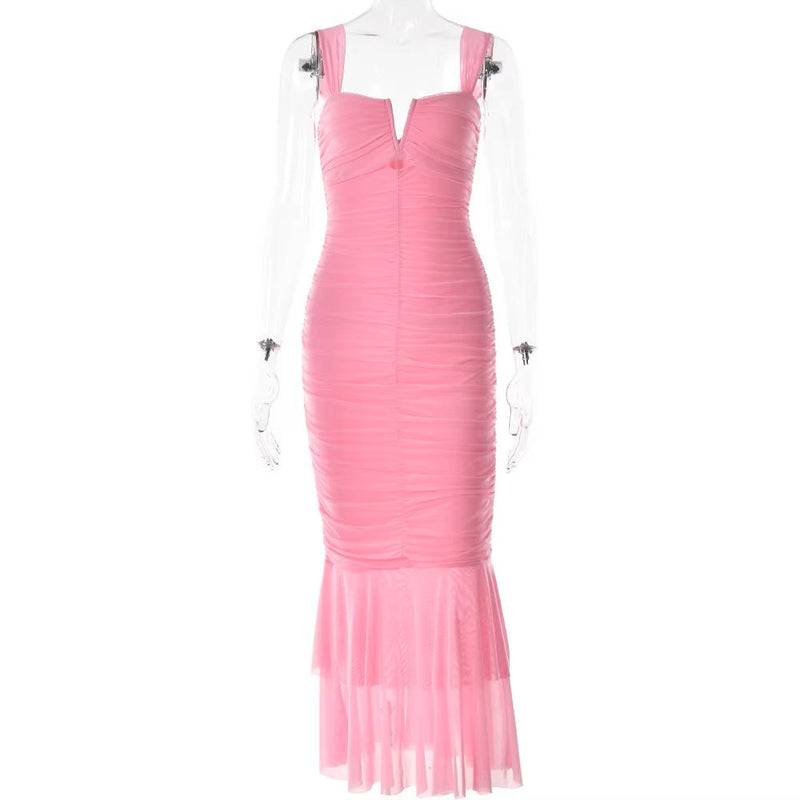 Everydane Carnation Pink Double Layer Mesh Memaid Maxi Dress