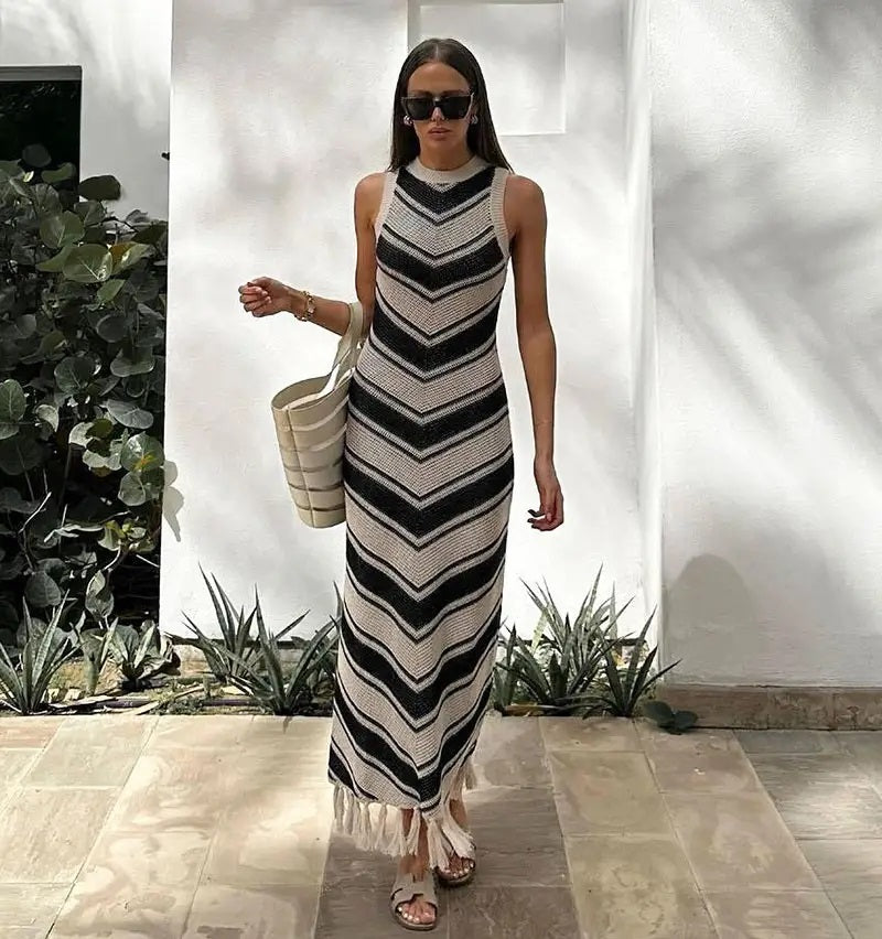 Laurent French Stripes Tassel Knitted Maxi Dress