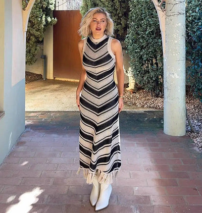 Laurent French Stripes Tassel Knitted Maxi Dress