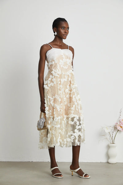 Shangrila Buffed Beige Floral-Appliqué Embellished Midi Dress