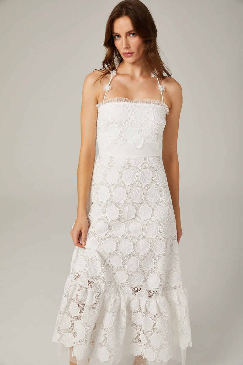 Greece White Lace Faux-Floral Halterneck Midi Dress