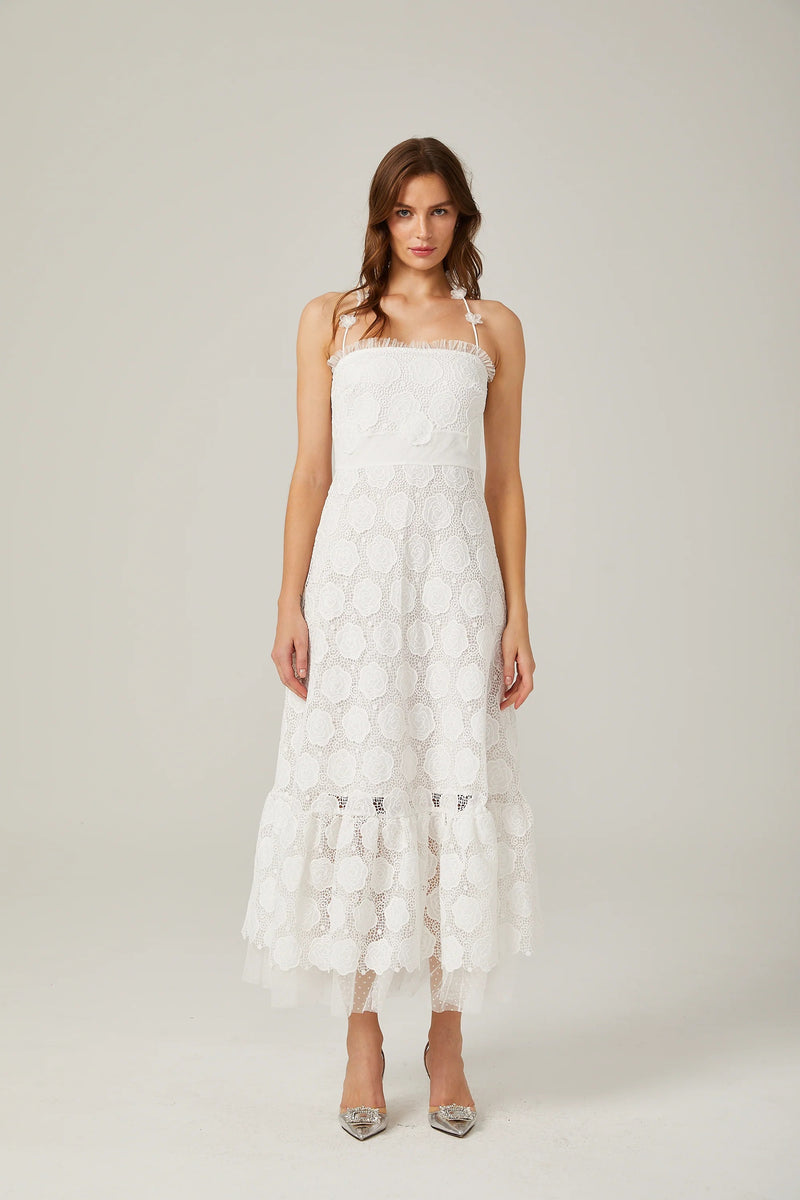 Greece White Lace Faux-Floral Halterneck Midi Dress