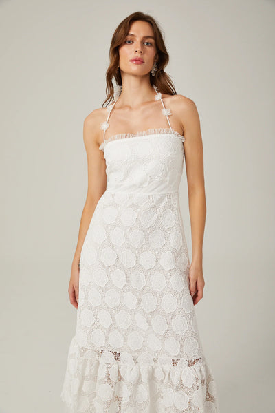 Greece White Lace Faux-Floral Halterneck Midi Dress